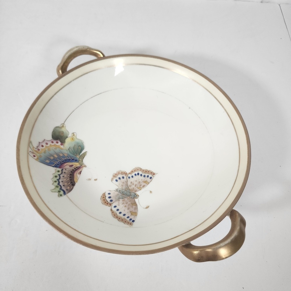 Antique Hand‎ Painted Nippon Butterfly Porcelain Handled Bowl Gold Trim